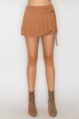 Short/Skort Cafe Estilo Wrap con Pliegues y Cinturón – Cintura Alta, A-line