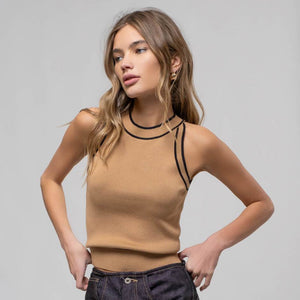 Beige Sleeveless Knit Top with Contrast Trim