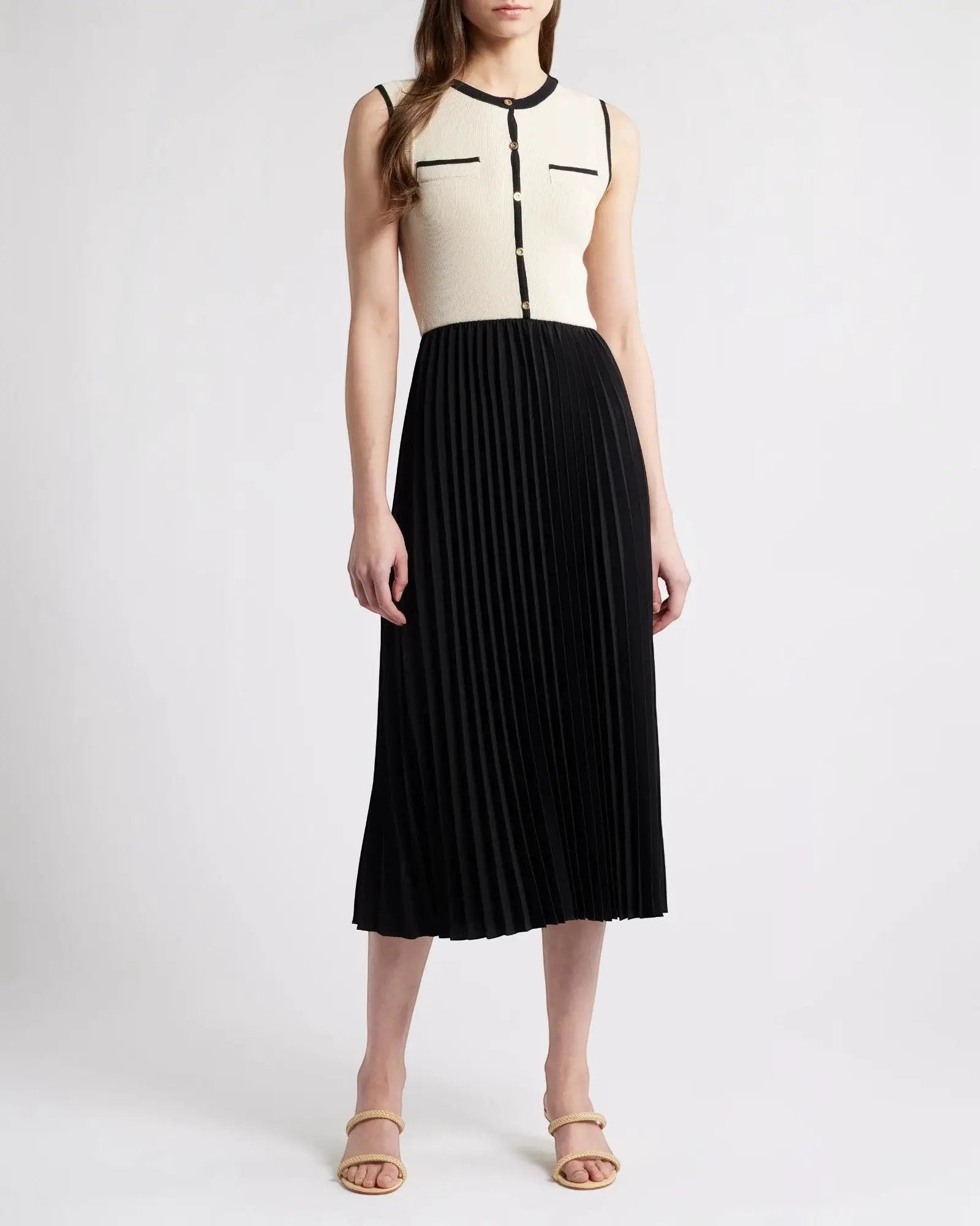 Vestido Midi Tejido Blanco Negro Con Falda Tabla Colección Lujo Exclusiva Minimalista De Silueta Recta by Yanet Collective