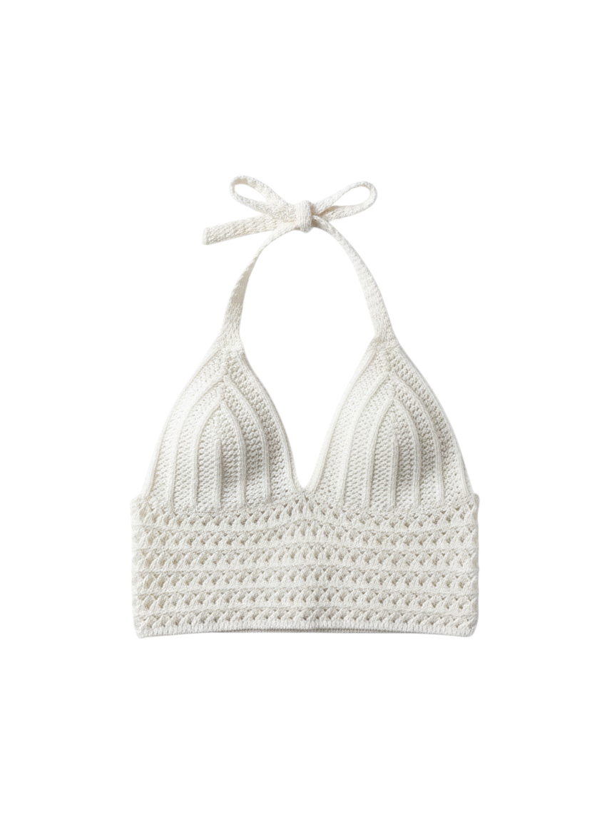 Top Halter de Tejido Color Crema con Detalles