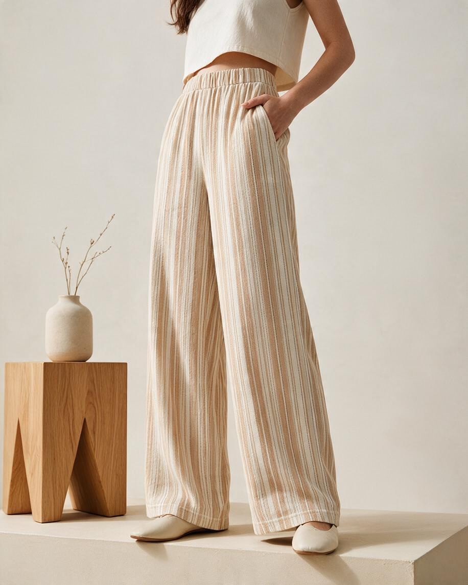 Pantalones Largos de Tiro Alto Color Melocotón con Rayas