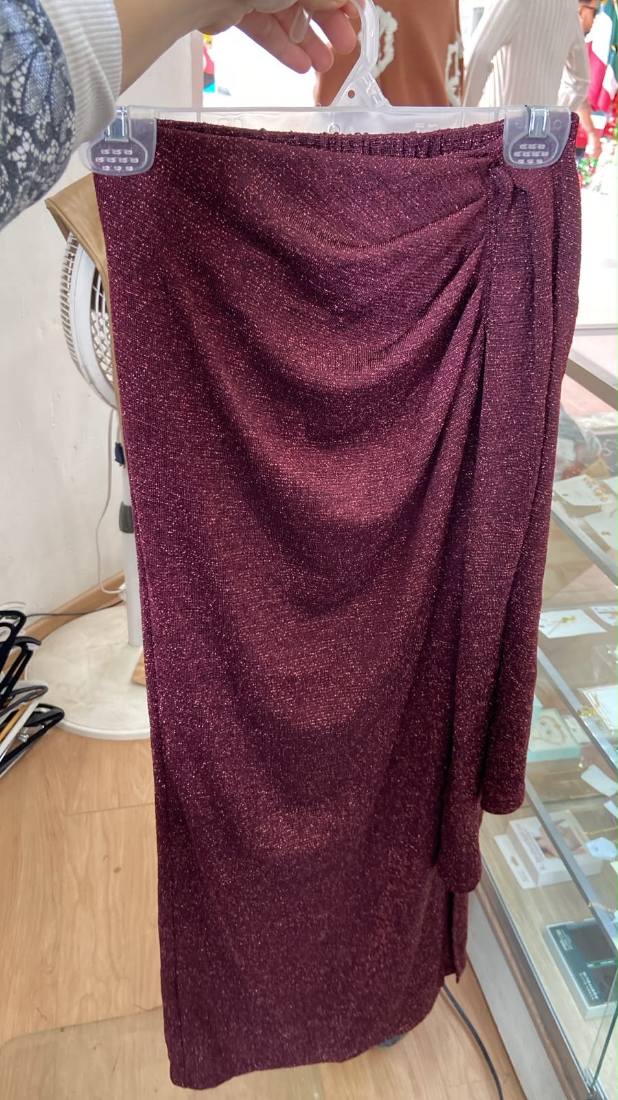 Burgundy Draped Midi Skirt with Ruching Detail