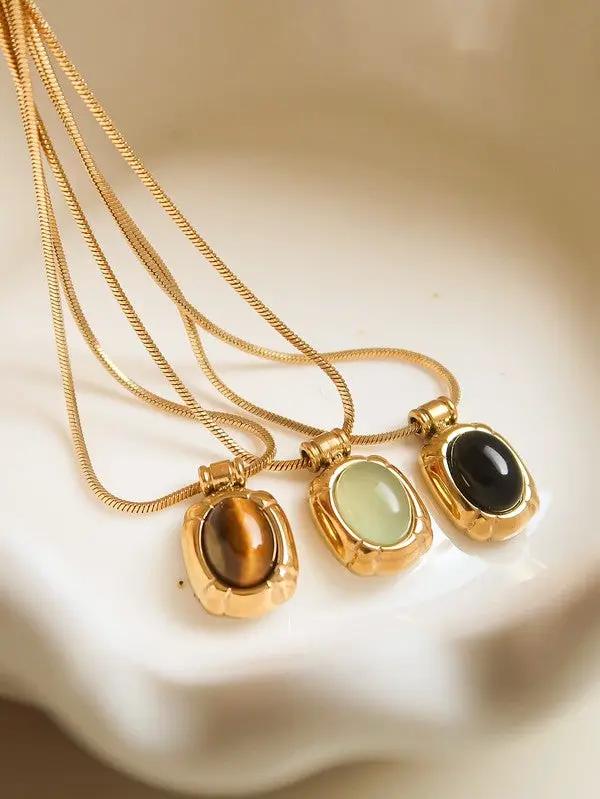 Collar De Piedra Natural En Oro 18K Y Acero Inoxidable Ágata Negra Ojo De Gato Y Aventurina Verde Exclusivo by Yanet Collective