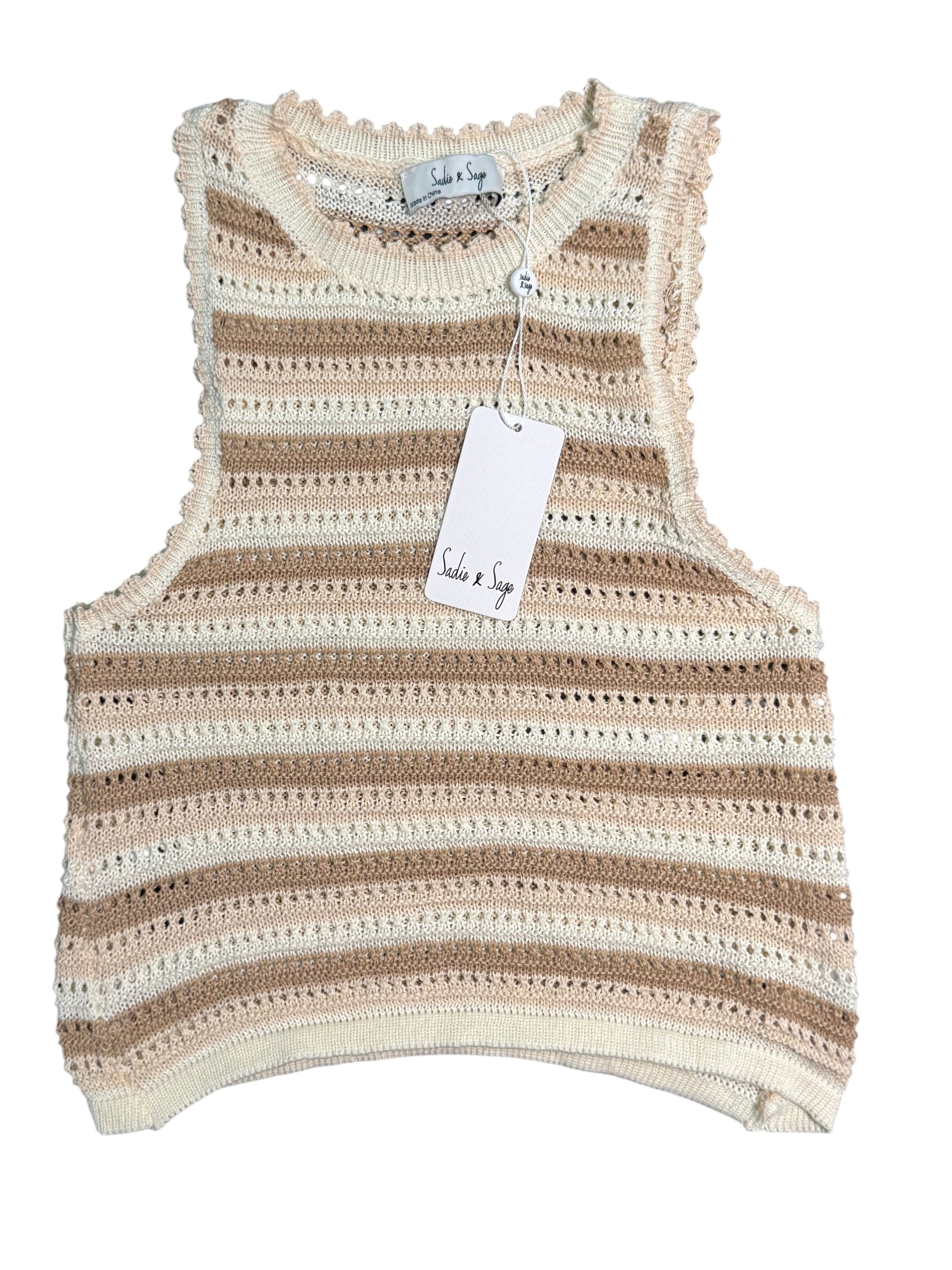 Beige Crochet Sleeveless Top with Lace Trim