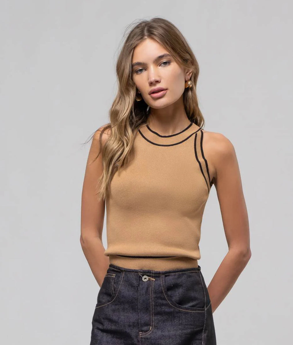 Beige Sleeveless Knit Top with Contrast Trim