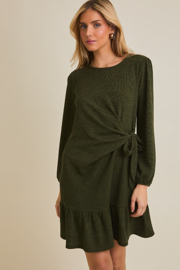Vestido de Punto Verde Oliva con Detalle de Lazo - Estilo Boutique
