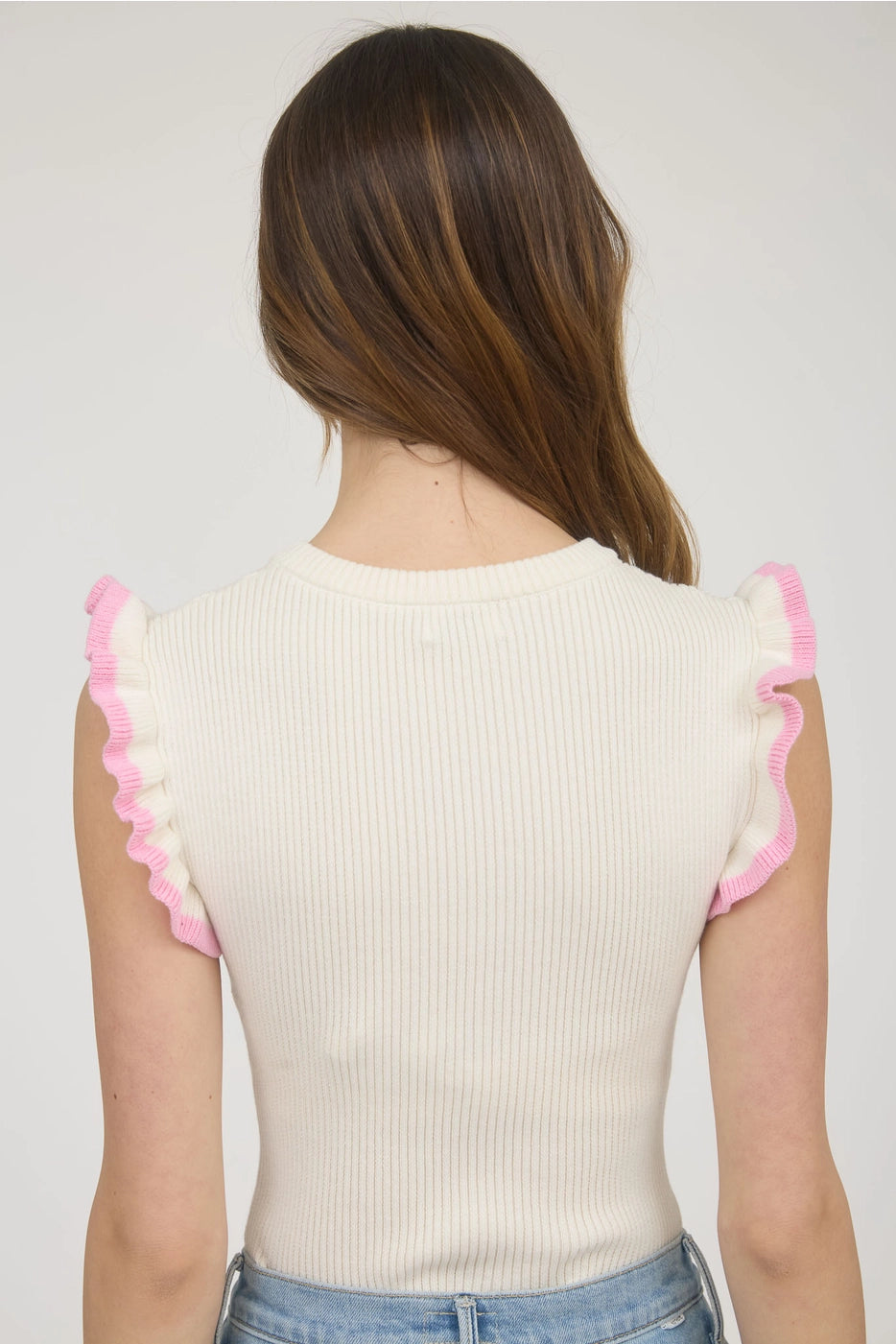 White Ribbed Short Sleeve Top with Pink Ruffles