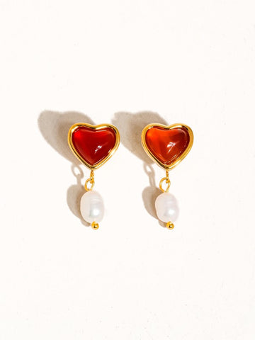 18k Gold Non-tarnish Heart And Pearl Earring Marlon-Red
