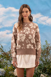 Suéter Tejido Floral para Mujer | Pullover Cuello Redondo Manga Larga – Mocha Cafe