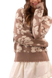 Suéter Tejido Floral para Mujer | Pullover Cuello Redondo Manga Larga – Mocha Cafe