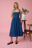 Vestido Midi Azul de Mezclilla Sin Mangas con Lazo