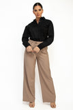 Pantalón pierna ancha café con Cinturón – Tiro Medio, Largo Completo – Mujer
