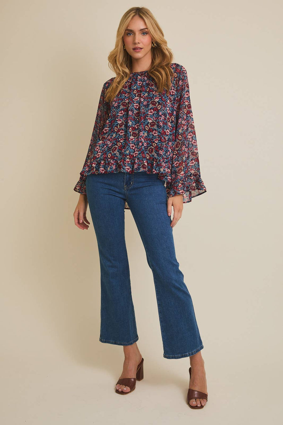 Blusa Floral de Manga Larga con Dobladillo con Volantes - Estilo Boutique