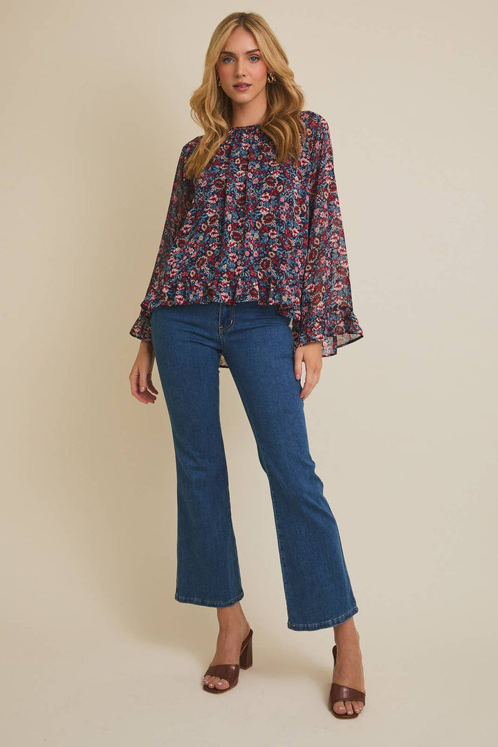 Blusa Floral de Manga Larga con Dobladillo con Volantes - Estilo Boutique