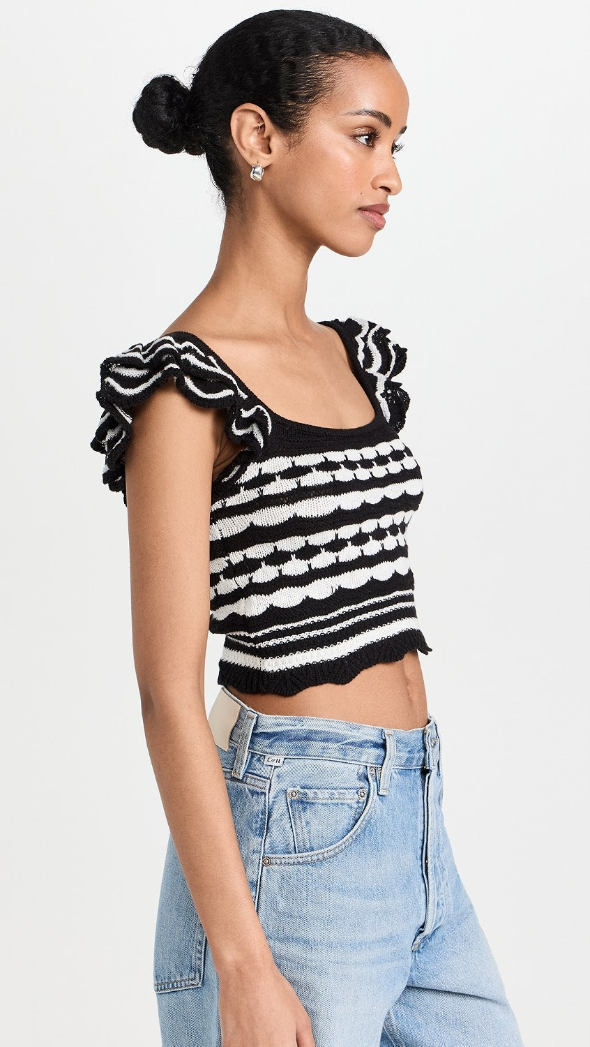 Navy & White Scalloped Crop Top with Patterned Knit