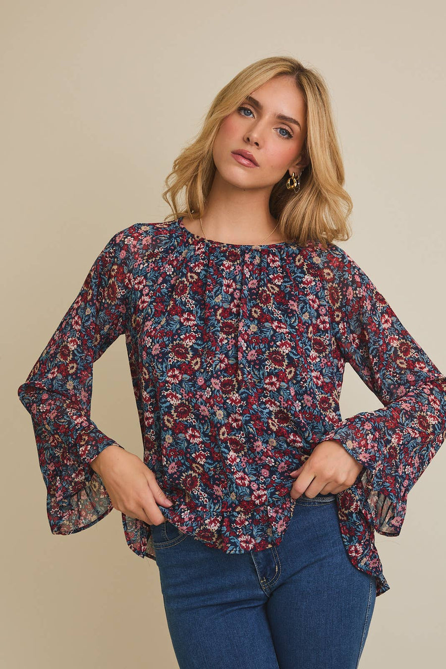 Blusa Floral de Manga Larga con Dobladillo con Volantes - Estilo Boutique