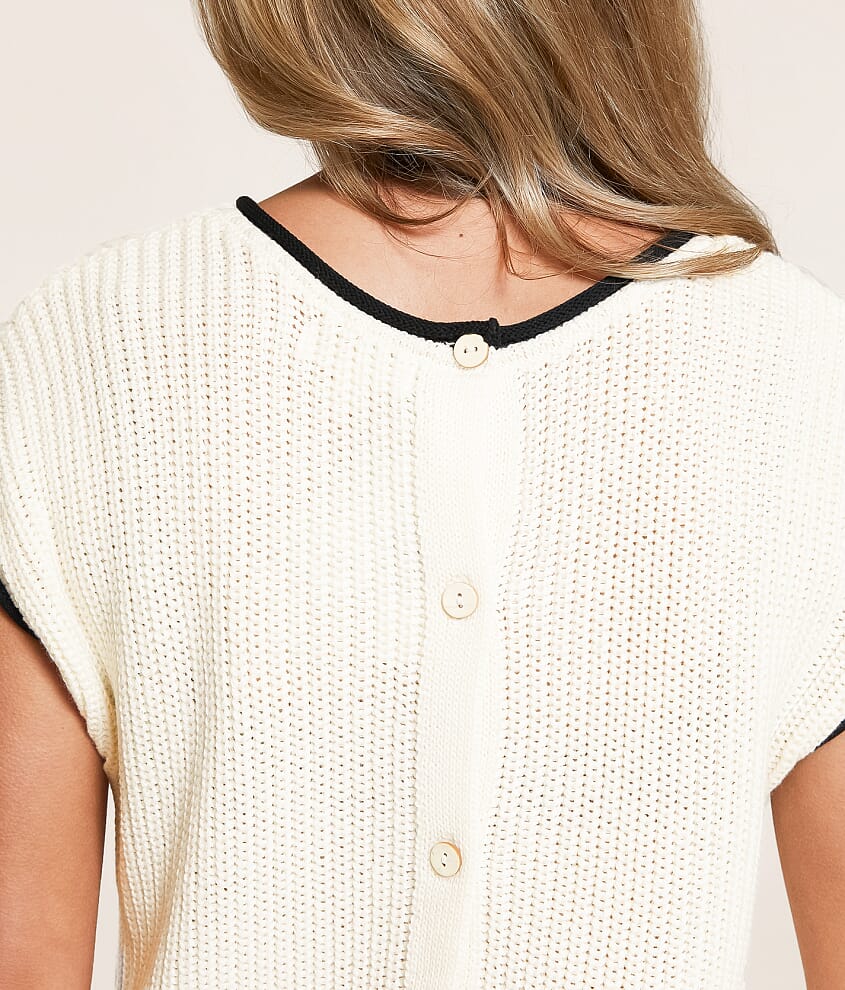 Cream Short Sleeve Knit Top with Button Detail