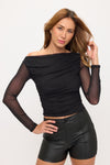 Blusa Negra Manga Larga Transparente Mujer Elegante | Top Ajustado Off Shoulder