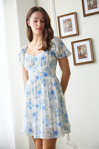 Vestido Corto Floral con Detallado de Corset y Lazo en la Espalda Azul