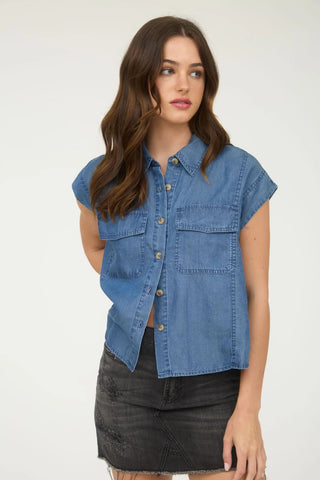 Camisa Mujer Mezclilla Manga Corta Bolsas Frente Casual Moda