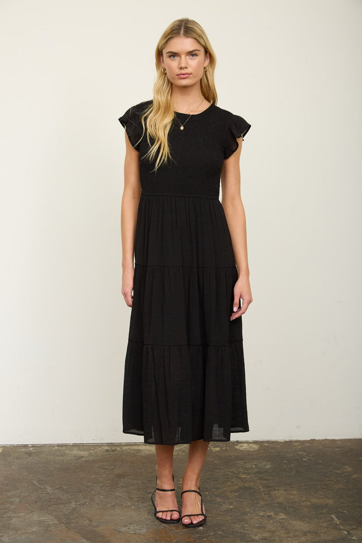 Vestido Midi Negro con Nido de Abeja - Estilo Boho Chic para Verano