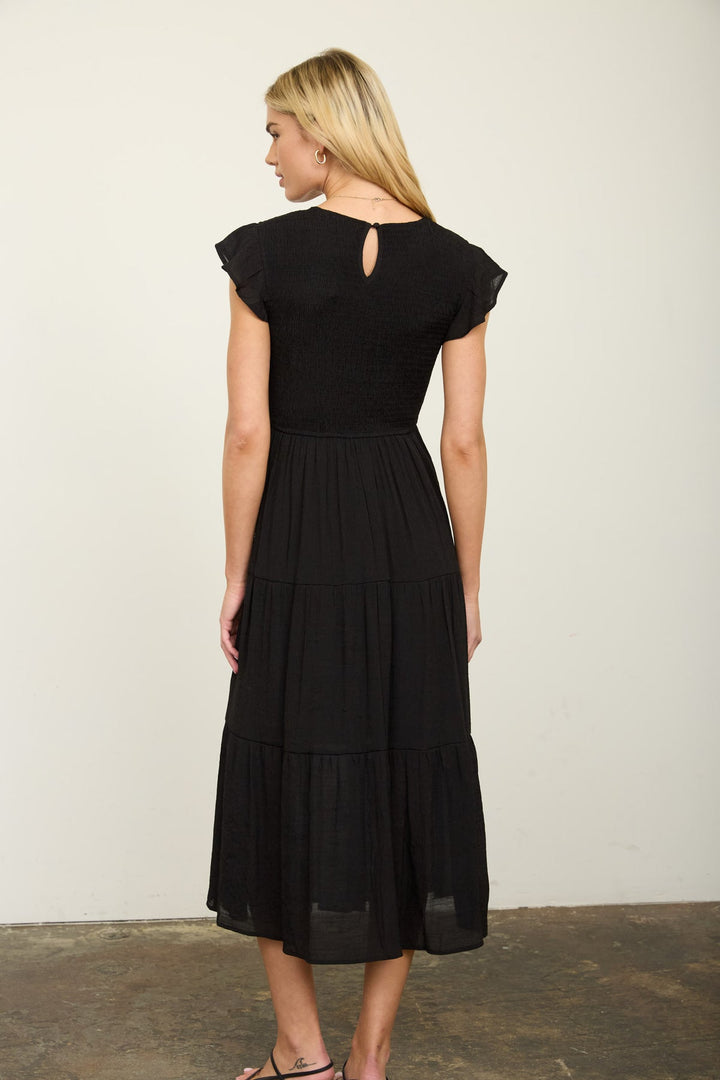 Vestido Midi de Manga Corta con Volantes y Nido de Abeja by shopblupepper