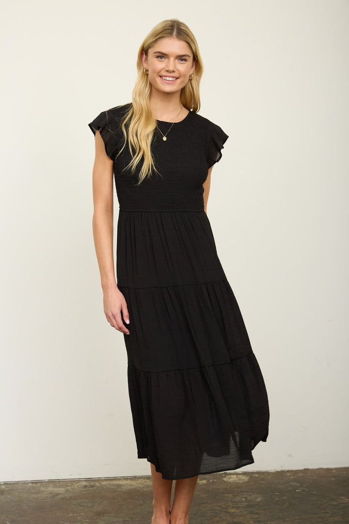 Vestido Midi Negro con Nido de Abeja - Estilo Boho Chic para Verano