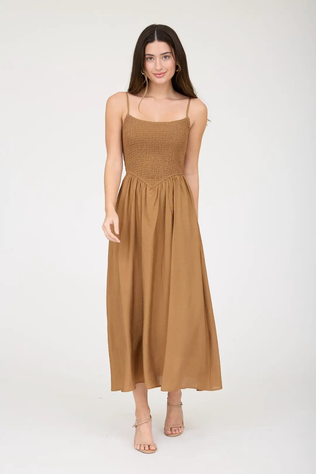 shopblupepper Brown Smocked Basque Waist Spaghetti Strap Midi Dress – A-Line Lined Summer Dress - Dress