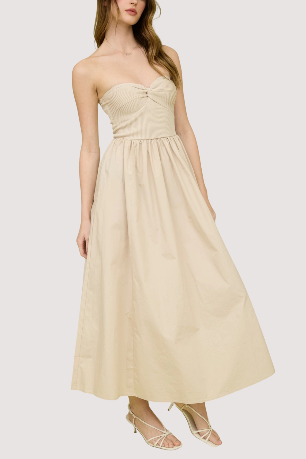 Beige Sleeveless A-Line Dress with Twist Detail