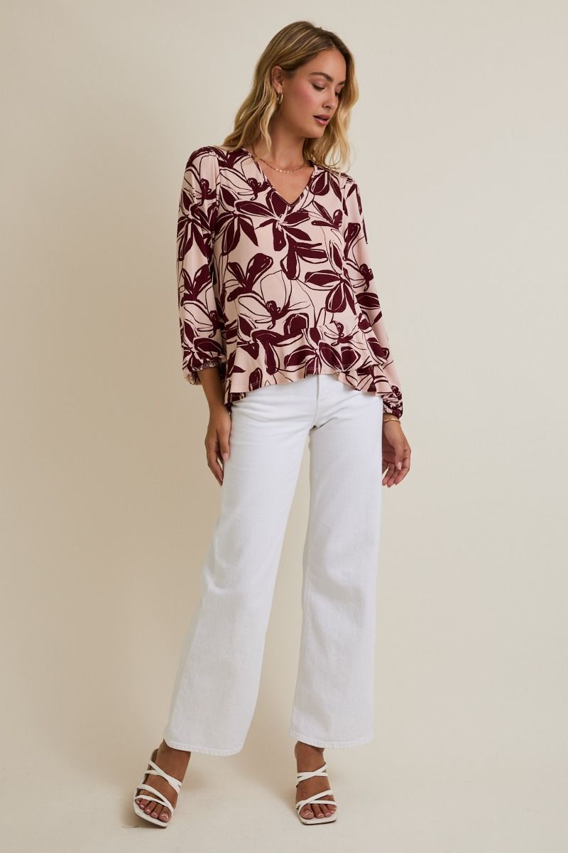Blusa Beige Manga Larga Flores guinda