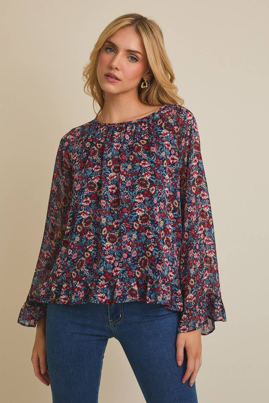 Blusa Floral de Manga Larga con Dobladillo con Volantes - Estilo Boutique