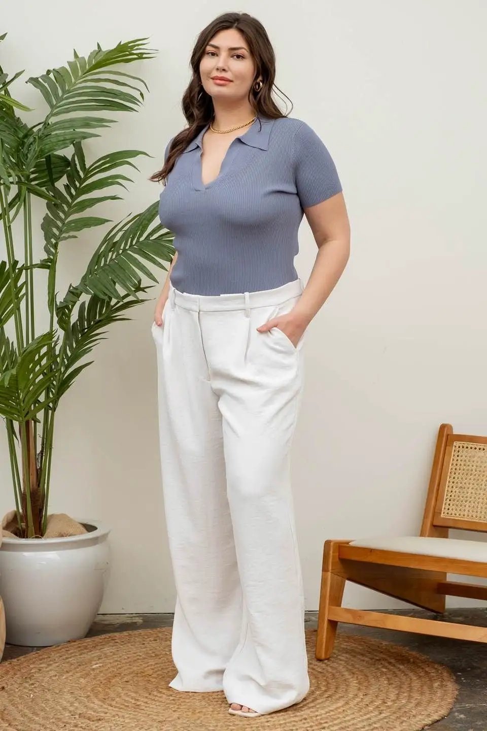 TOP BLUSA AZUL MANGA CORTA CON CUELLO tejido blusa by Yanet Collection
