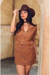 Vestido Corto Vaquero de Sarga con Cinturón Cafe