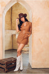 Vestido Corto Vaquero de Sarga con Cinturón Cafe