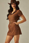 Vestido Corto Vaquero de Sarga con Cinturón Cafe