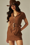 Vestido Corto Vaquero de Sarga con Cinturón Cafe