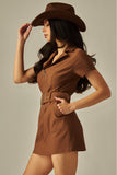 Vestido Corto Vaquero de Sarga con Cinturón Cafe