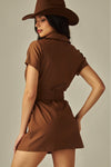 Vestido Corto Vaquero de Sarga con Cinturón Cafe