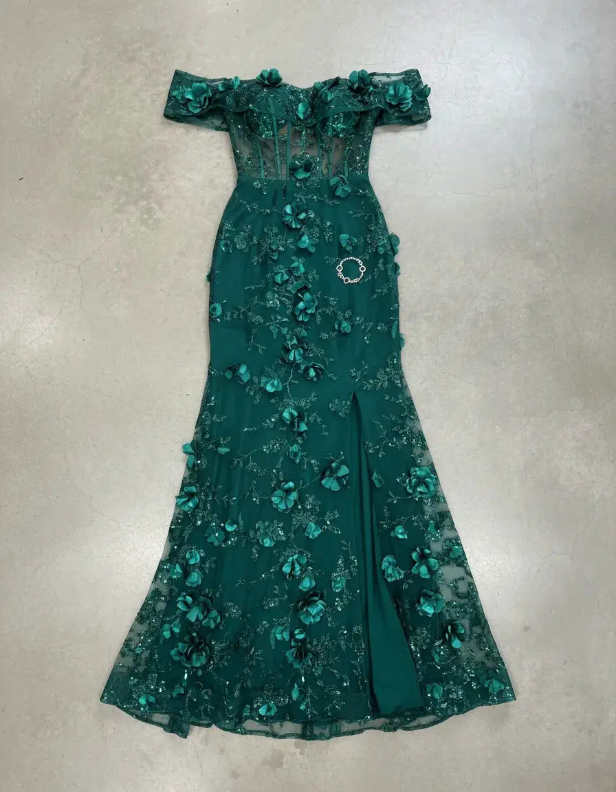 Vestido Largo Con Cintura Alta Verde Esmeralda Look De Noche Elegante para mujer by Yanet Collection