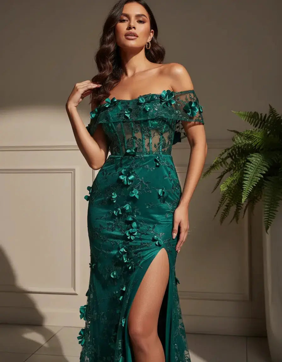 Vestido Largo Con Cintura Alta Verde Esmeralda Look De Noche Elegante para mujer by Yanet Collection