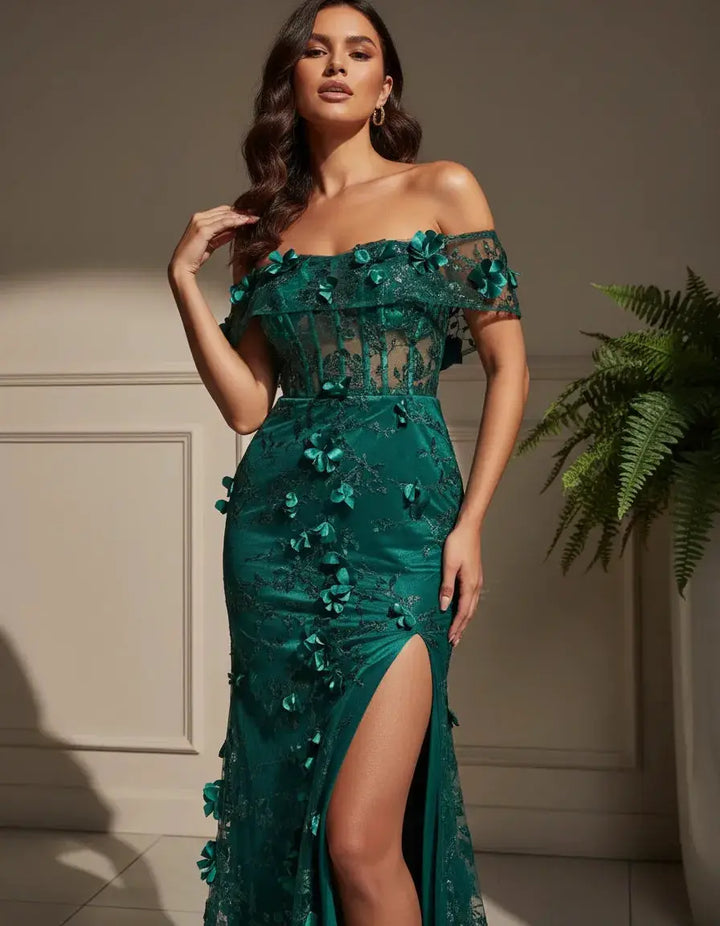 Vestido Largo Con Cintura Alta Verde Esmeralda Look De Noche Elegante para mujer by Yanet Collection