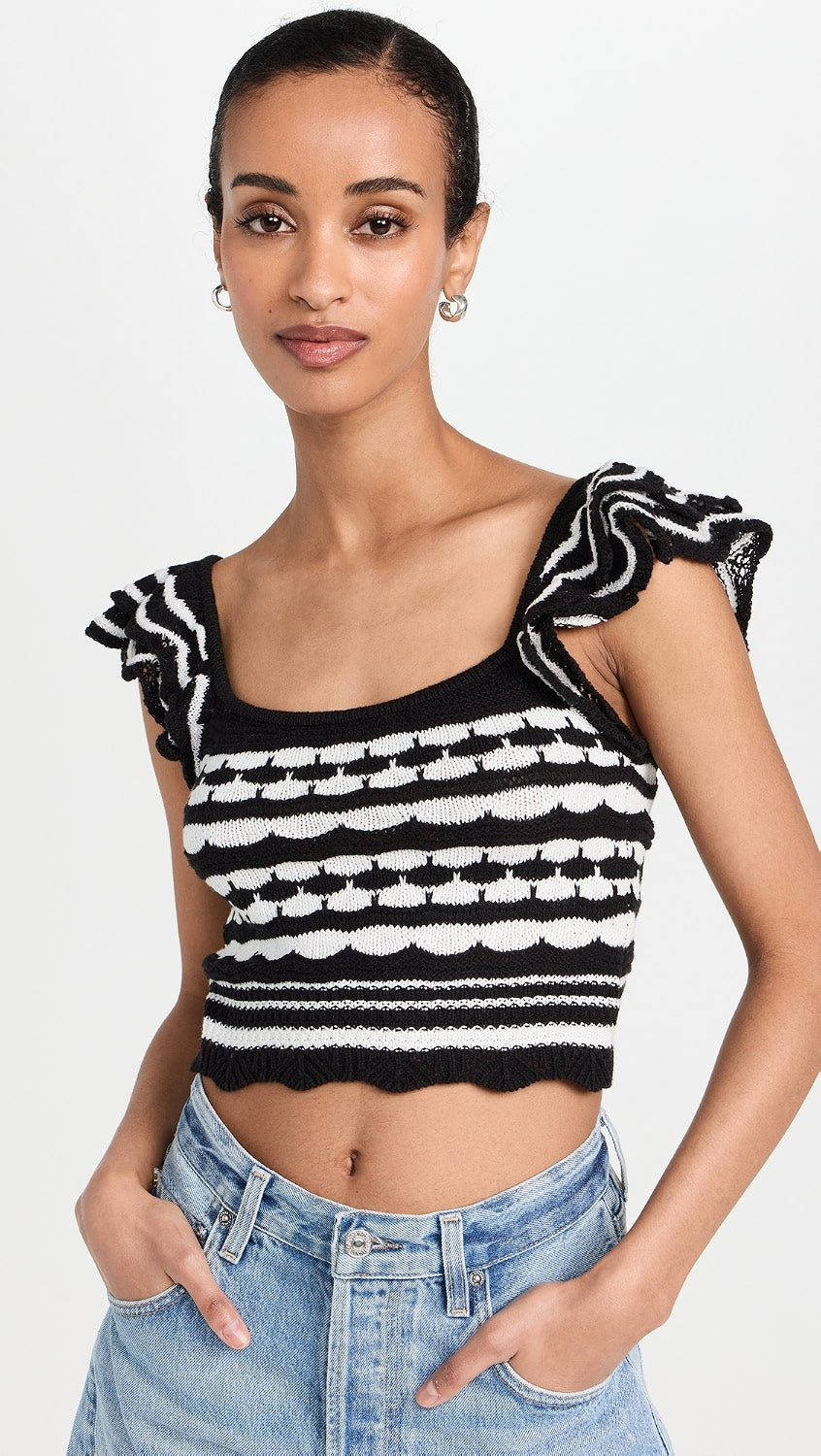 Navy & White Scalloped Crop Top with Patterned Knit
