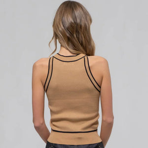 Beige Sleeveless Knit Top with Contrast Trim