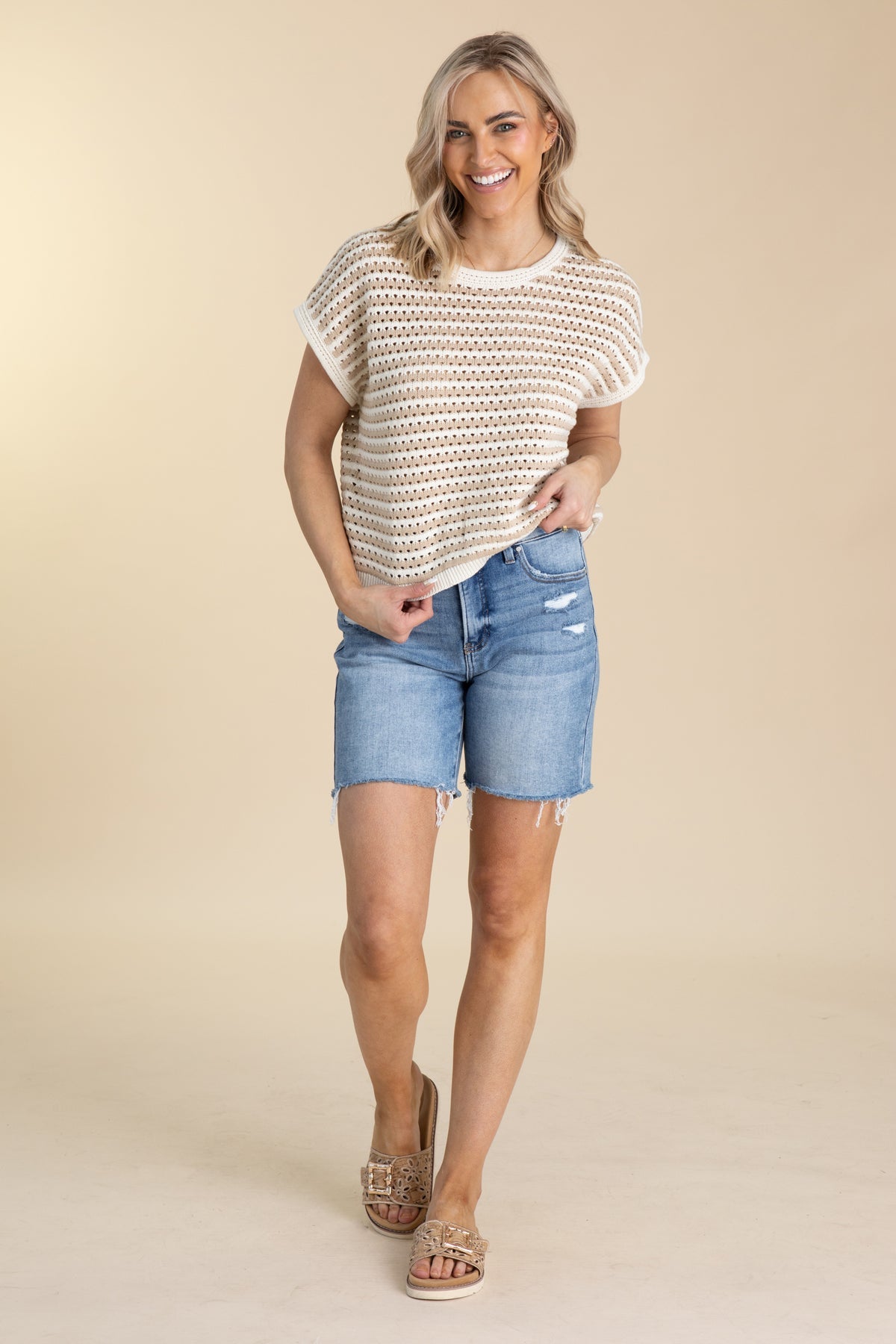 Cream Short Sleeve Knit Top with Striped Detail