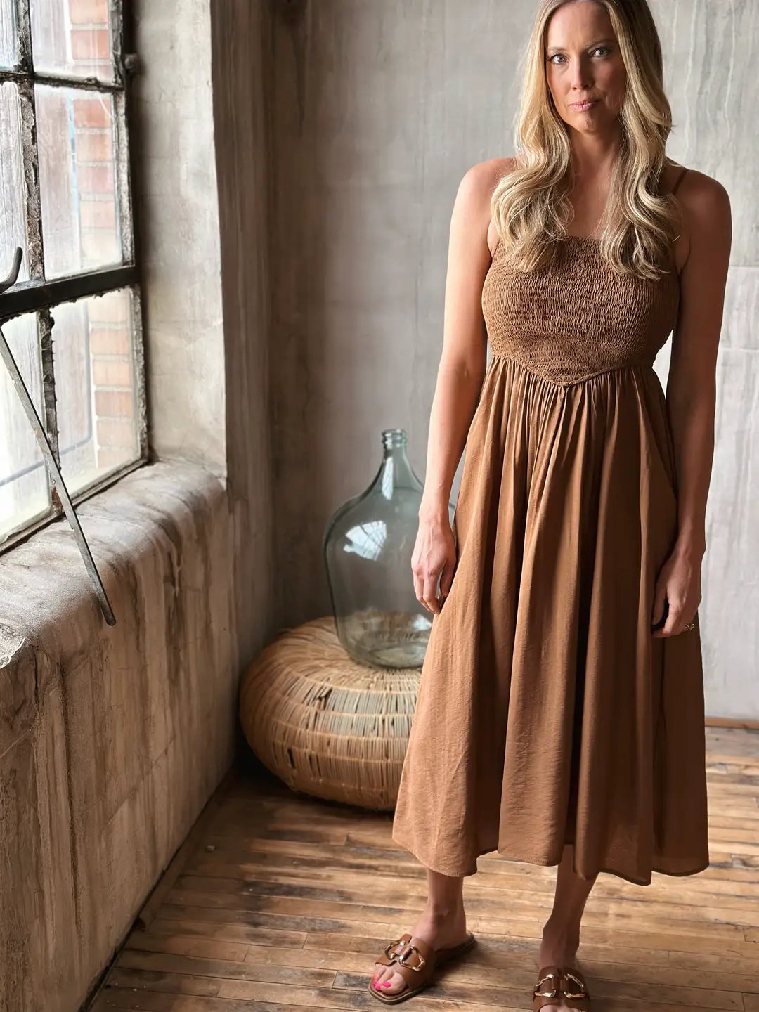 shopblupepper Brown Smocked Basque Waist Spaghetti Strap Midi Dress – A-Line Lined Summer Dress - Dress