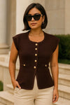 Chaleco Blusa Tejido de Punto para Mujer con Botones Dorados Elegante Casual Oficina