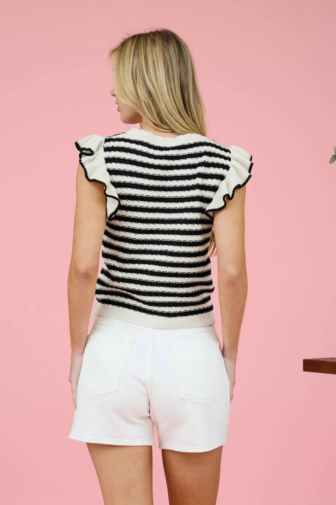 Navy Striped Short Sleeve Sweater with Ruffle Detail