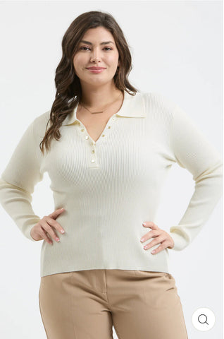Suéter Beige de Punto con Cuello y Botones Dorados Manga Larga Mujer
