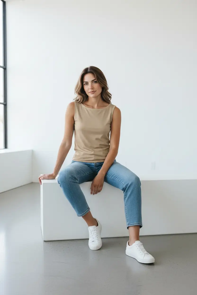 Blusa Khaki Tejido Sin Mangas con Cuello Barco en Terciopelo by Yanet Collective
