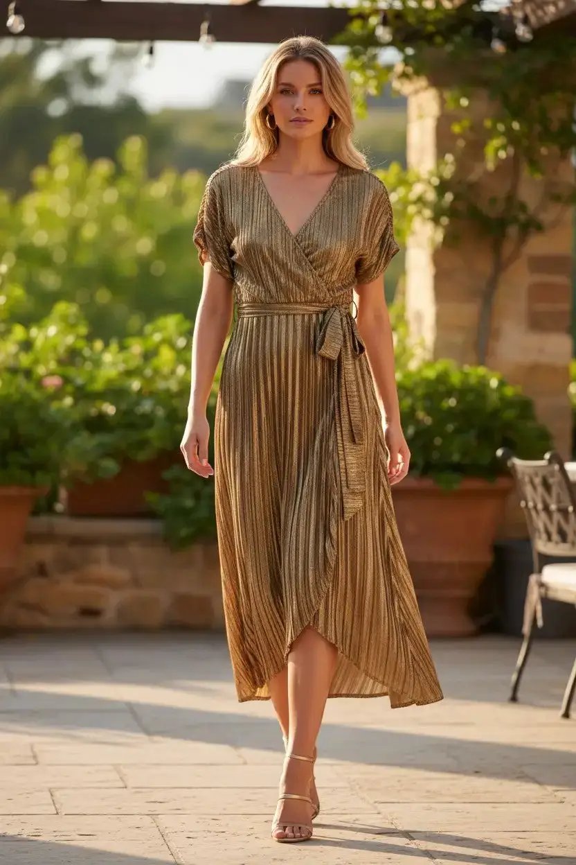 Vestido Midi Dorado Tela Plisada by Yanet Collective